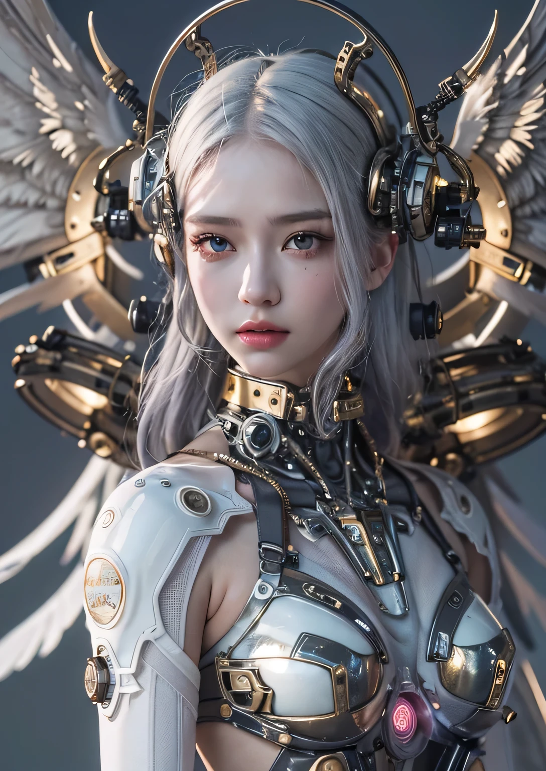 top-quality、masterpiece、超A high resolution、(Photorealsitic:1.4)、Raw photo、Steampunk Cyborg Angel、large wings made of metal、White porcelain body、white hair、glowy skin、1 Cyborg Girl、((super realistic details))、portlate、globalillumination、Shadow、octan render、8K、ultrasharp、character edge light,Colossal tits、Raw skin is exposed in cleavage、Details of complex ornaments、Acrylic Clear Cover、Sumerian details、Hydraulic cylinder、Small LED lamp、highly intricate detail、Realistic light、a purple eye、radiant eyes、Facing the camera、neon details、cowboy shot、Futuristic headgear、About Cyberpunk、、