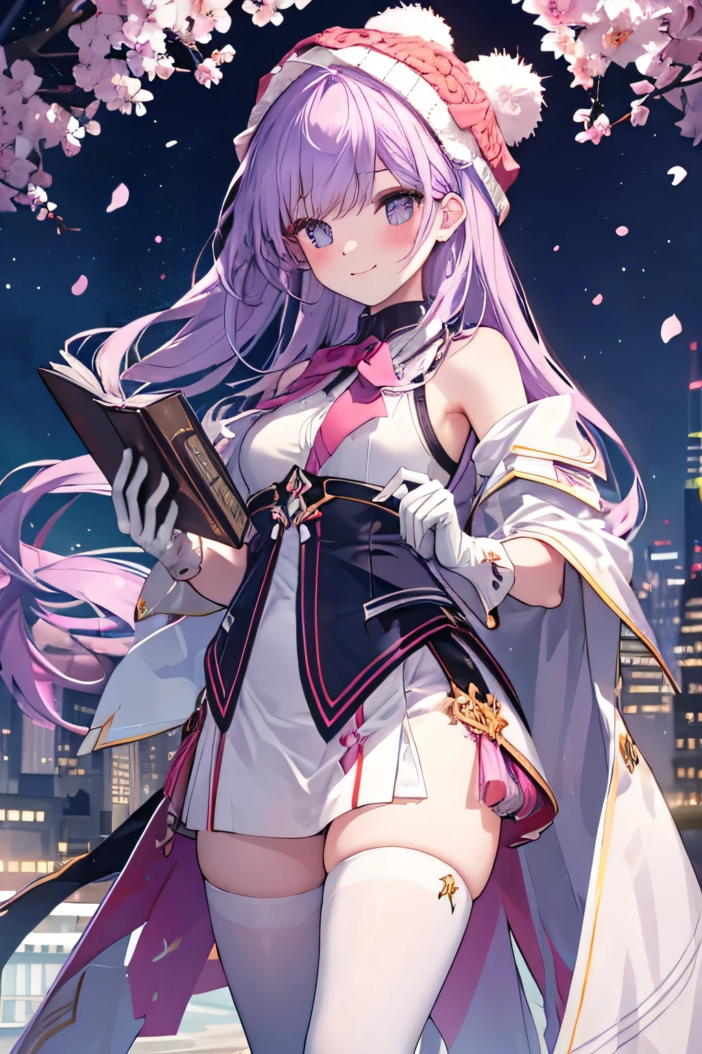 girl smiling, walking, Invoking with his book (Effects, Essence Cosmics), standing, city background, city background(Home), complete anatomy, graphic effects , primera persona, white gloves, Black Pencil , blush, aura, sakura petals and leaves, primera persona, blush, looking at the viewer , Charm, Pausa de toque ciego looking at the viewer ,