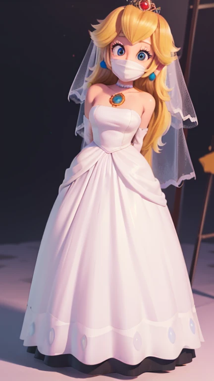 score_9, score_8_up, score_7_up, 1girl, solo, Princess Peach \(Mario Bros\), ((masterpiece)), ((best quality)), (detailed), perfect, solo, peach, gorgeous woman with white wedding dress, wearing heels, long hair, huge breast, deep cleavage, huge breasts, sexy, wearing a black microfoam mask, tight microfoam mask, black wrap microfoam mask, (complete body view, full body view), (arms behind back:1.4), front view.