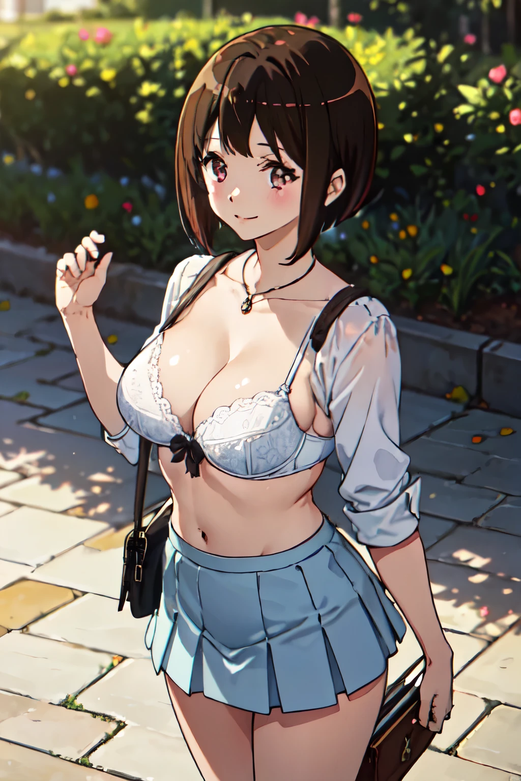 
{Nakaseko_Kaori_SoundEuphonium:1.15},
 high definition , masterpiece, accurate,  anatomically correct,  best quality,  high detail, bangs, Brown Hair, Bangs,  shortcuts,  Big Breasts , breast, smiles,  Sparkling Eyes, Part of the picture is outside the frame. , Chest Circumference,Outdoor,School, white bra, short skirt ,look up,