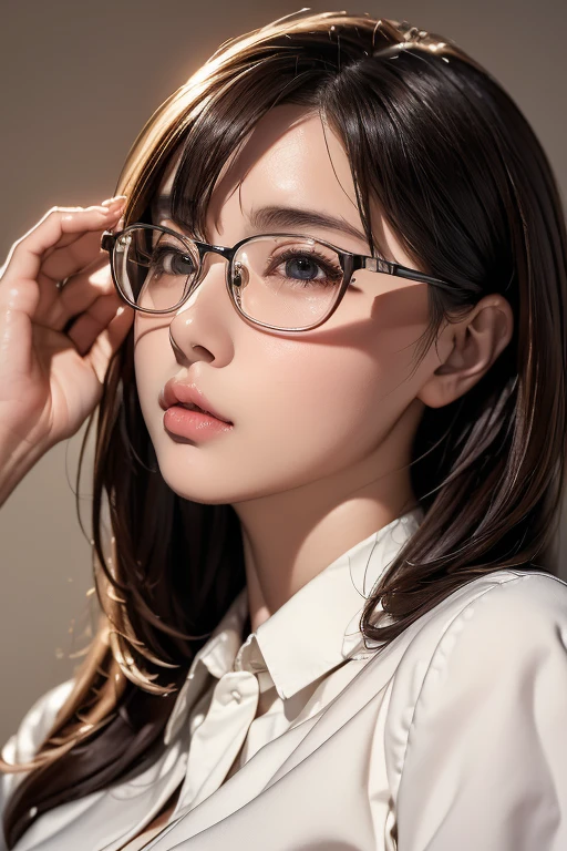 (( best quality)), ((傑 best quality、masterpiece、High sensitivity、 high definition 、 Details、 Delicate Facial Description)), Slender woman、Glasses、Shirt with round collar 、Micro Mini、