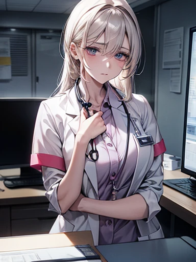 A girl, nurse, weird nurse suit, hospital, ward, test report in hand, (masterpiece, best quality: 1.4), looking at the audience, marginal person, {indoor|simple background}, (wavy hair: 0.8), long hair, {white hair}, {blue theme}, (wheat-colored skin: 1.2), (dark brown pupils: 1.2)