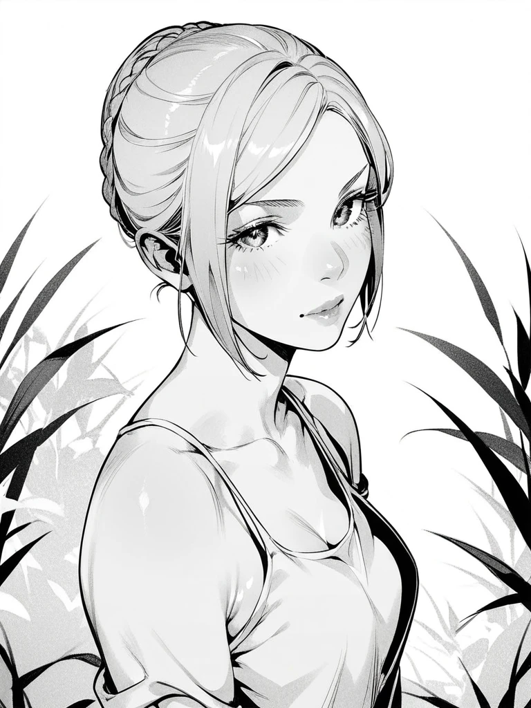 lineart, monochrome
1girl, looking at viewer
