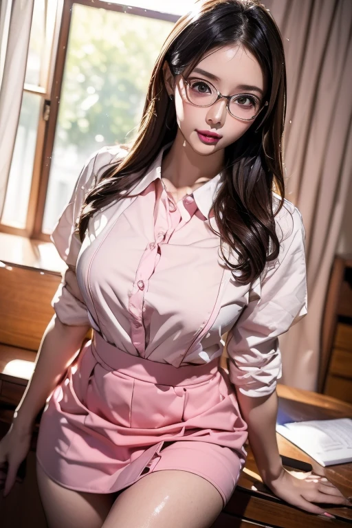 (( best quality)), ((傑 best quality、masterpiece、High sensitivity、 high definition 、 Details、 Delicate Facial Description)), Slender woman、Glasses、round-collared shirt、 micro miniskirt、 pink lipstick on right hand、