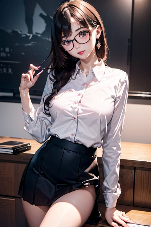 (( best quality)), ((傑 best quality、masterpiece、High sensitivity、 high definition 、 Details、 Delicate Facial Description)), Slender woman、Glasses、round-collared shirt、 micro miniskirt、 pink lipstick on right hand、