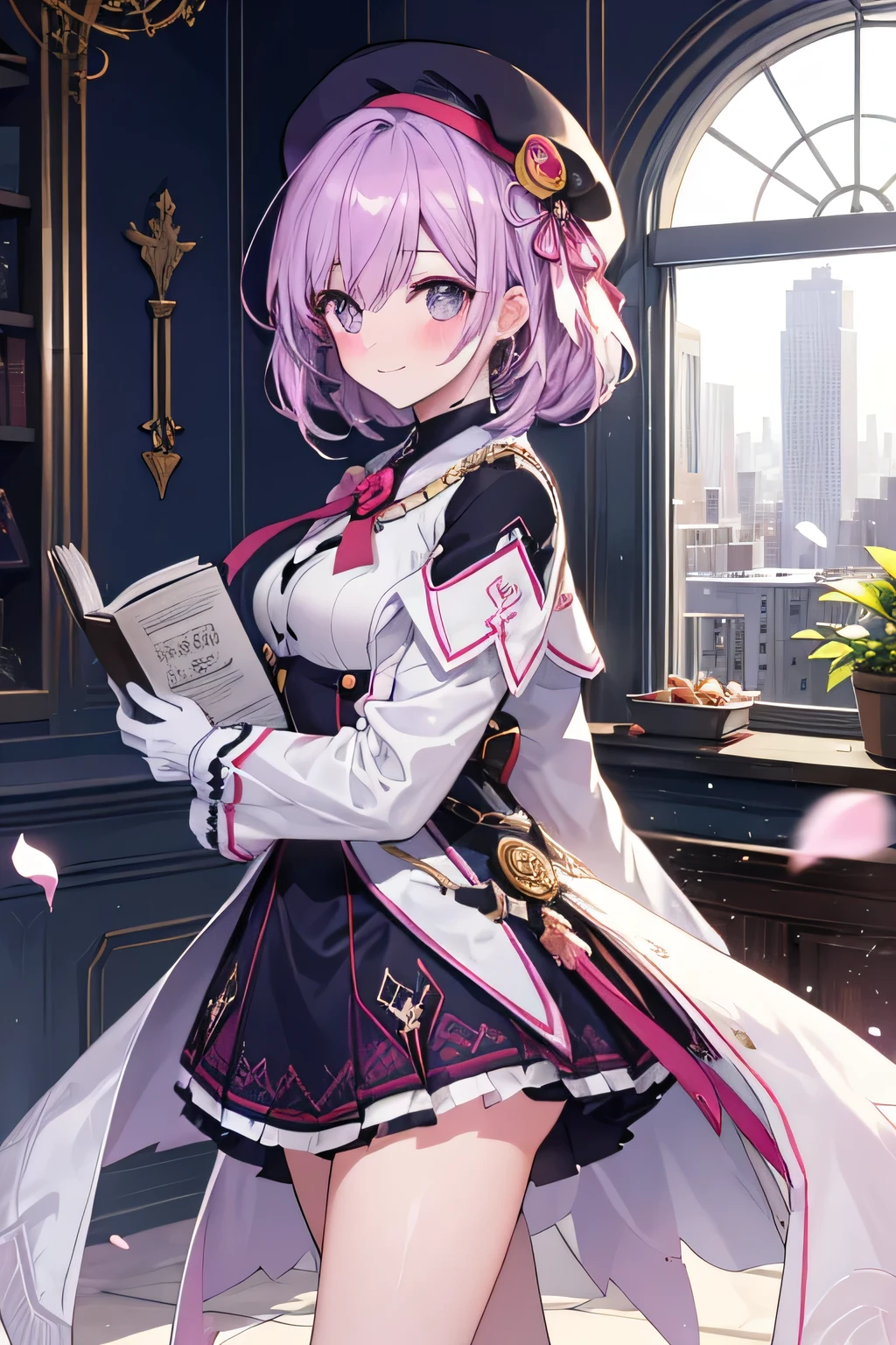 girl smiling, walking, Invoking with his book (Effects, Essence Cosmics), standing, city background, city background(Home), complete anatomy, graphic effects , aura, accessory with a flower on the head, Beret Blanco , primera persona, white gloves, Black Pencil , blush, aura, sakura petals and leaves, primera persona, blush, looking at the viewer , Charm, Pausa de toque ciego looking at the viewer ,