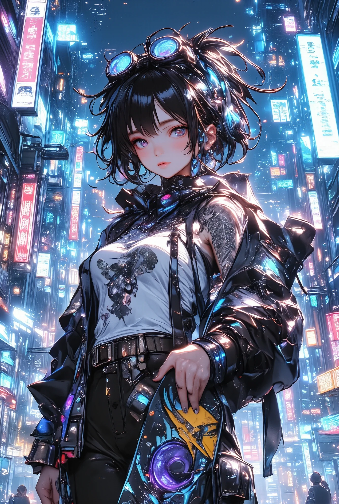  a painting of a woman with tattoos and a skateboard, Cyberpunk art by Russell Dongjun Lu ,  trend in CGSociety , street art, Cyberpunk 2077 Character Art, Cyberpunk streetwear, cyberpunk style 2 0 7 7, cyberpunk 2077 ross drawings,   a highly detailed character design , cyberpunk art style, cyberpunk style attire,  cargo pants.  cyberpunk city 