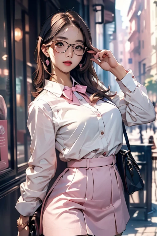 (( best quality)), ((傑 best quality、masterpiece、High sensitivity、 high definition 、 Details、 Delicate Facial Description)), Slender woman、Glasses、round-collared shirt、 micro miniskirt、 pink lipstick on right hand、