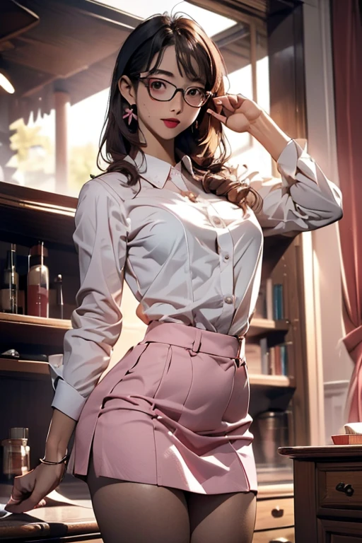 (( best quality)), ((傑 best quality、masterpiece、High sensitivity、 high definition 、 Details、 Delicate Facial Description)), Slender woman、Glasses、round-collared shirt、 micro miniskirt、 pink lipstick on right hand、