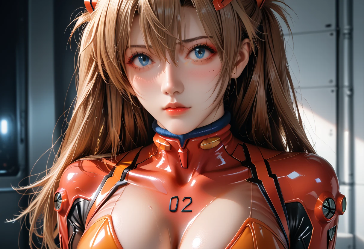 ((high quality, perfect face, masterpiece, detailed face))), (((huge breasts))), large breast, nsfw, 14years old, sasuka langley soryu, long hair, bangs, blue eyes, brown hair, hair ornament, bodysuit, pilot suit, plug suit, red bodysuit, interface headset, (((see through plugsuit))), test plug suit, chuckle, blush, nipple