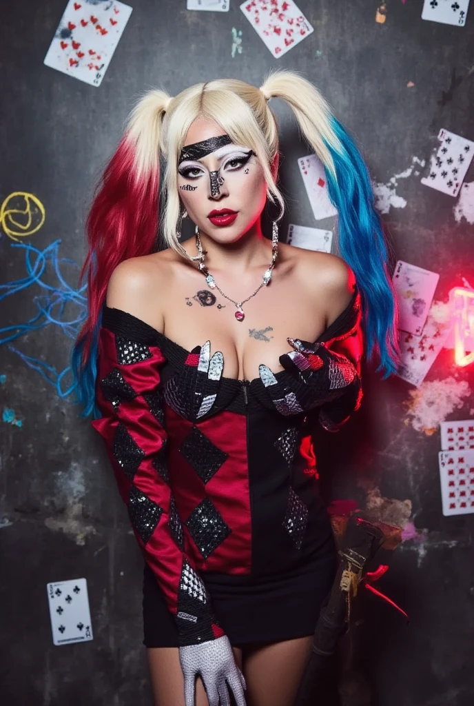 ((masterpiece)) ((photography)) ((Highest quality)) A highly detailed and realistic image of Lady Gaga as Harley Quinn, blending her signature eccentric style with Harley's iconic look and crazy smile. She wears a bold and colorful outfit, featuring a red and black corset with diamond patterns, paired with mismatched gloves and a short skirt. Her makeup is dramatic, with pale white skin, exaggerated eyeliner, and a heart-shaped tattoo under one eye. Her hair is styled in twin ponytails, one dyed red and the other blue, and she holds a large mallet in one hand. The background is chaotic and vibrant, with graffiti-covered walls, scattered playing cards, and neon lights casting an edgy glow.,professional lighting, shadows and photo taken with SONY ALPHA 77