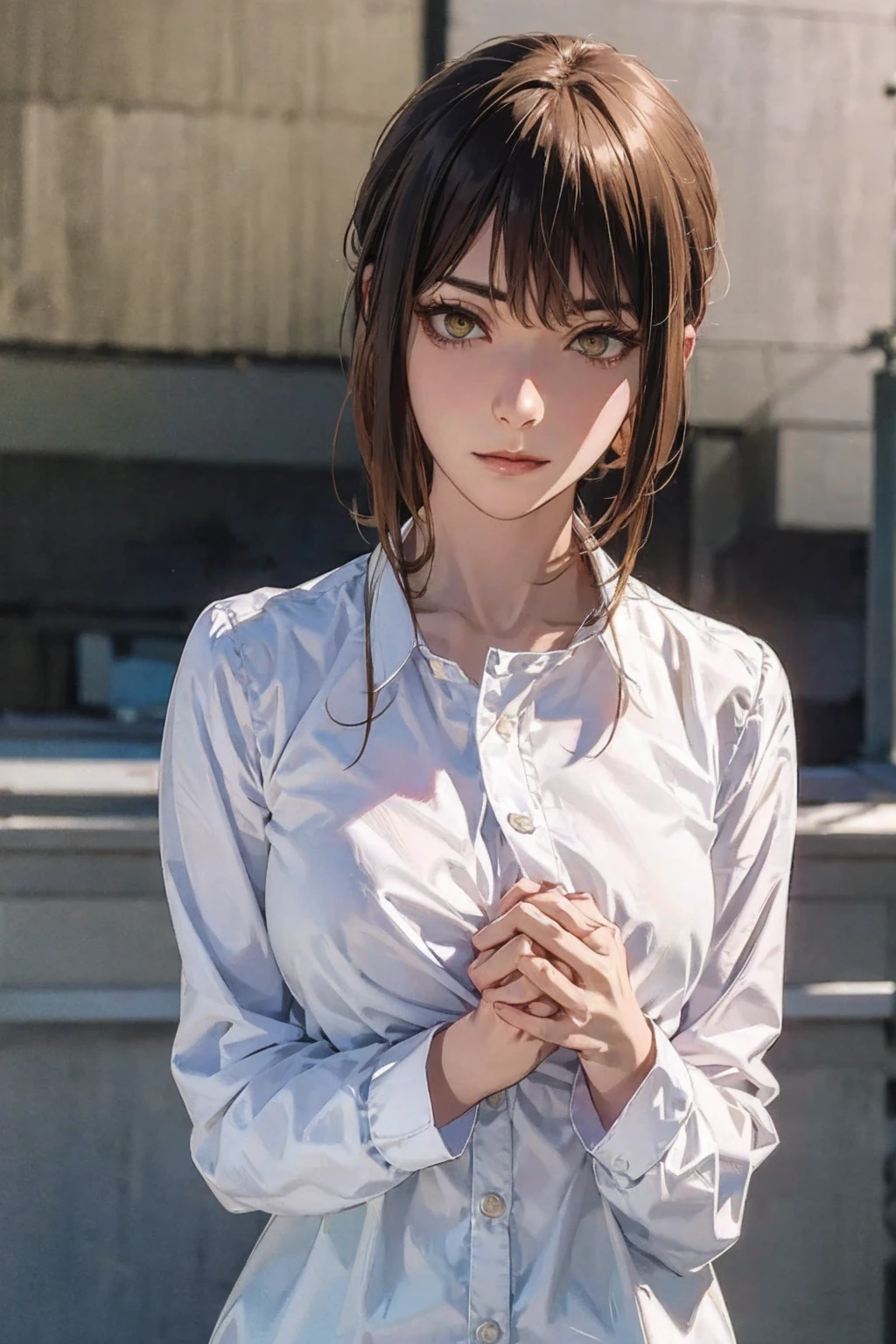 ( Front View ) Woman standing with her hands together in front of her chest, (Makima、 shirt,  ties, pants:0.5) (Realistic detailed face), ( High Details ), , Symmetrical face, Detailed Students, 's expressive eyes , Real Photo, Contemporary look, 
