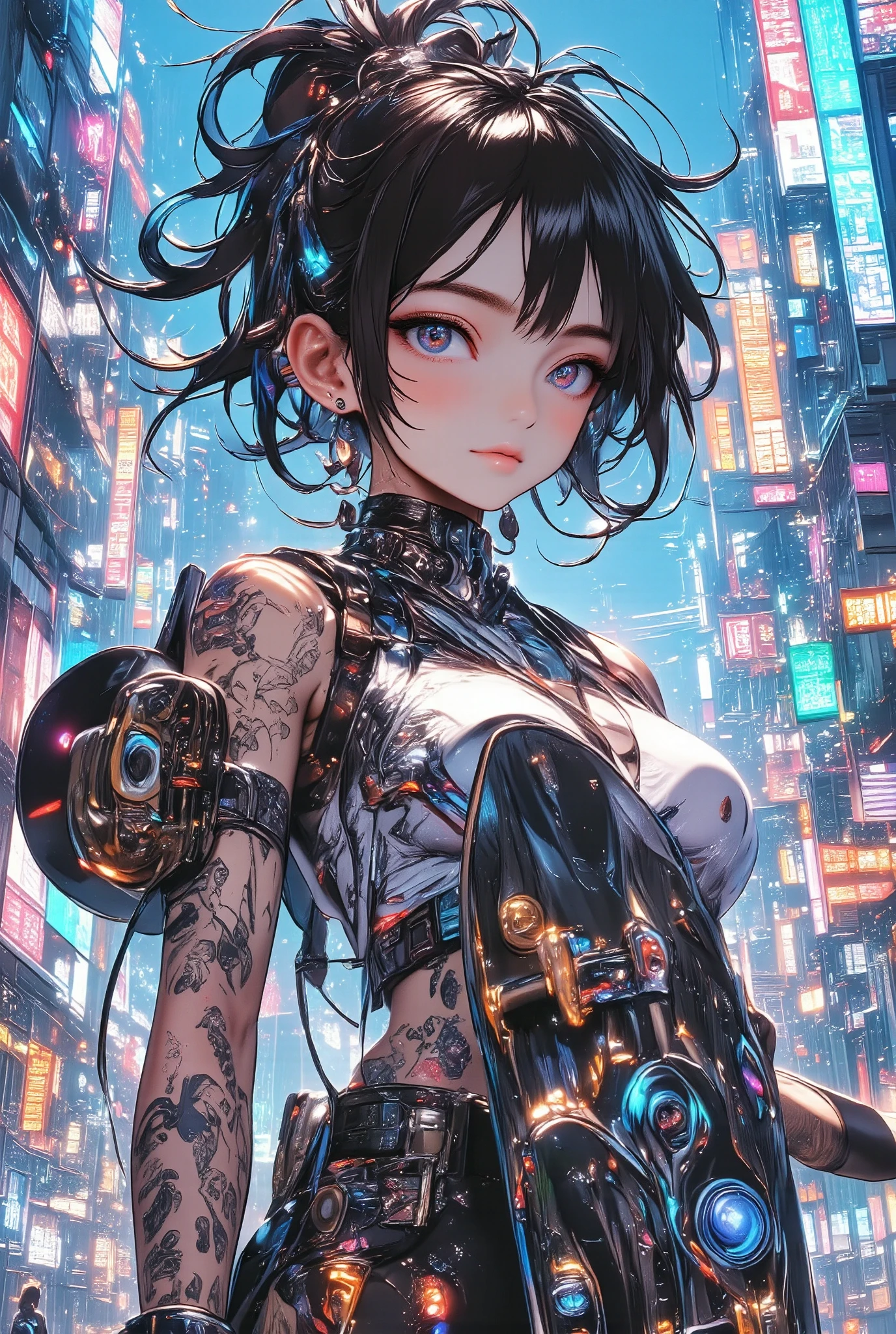 a painting of a woman with tattoos and a skateboard, Cyberpunk art by Russell Dongjun Lu , trend in CGSociety , street art, Cyberpunk 2077 Character Art, Cyberpunk streetwear, cyberpunk style 2 0 7 7, cyberpunk 2077 ross drawings, a highly detailed character design , cyberpunk art style, cyberpunk style attire, cargo pants. cyberpunk city