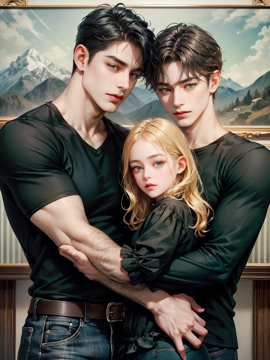 Couple, 1 girl with blonde hair girl and wavy hair girl, 1 boy with young blonde boy fantasy thief, no bangs, grey eyes. Turtleneck jumper and jeans. black t shirt and jeans, height different, detailed eyes, eyes contact, face, hand. They look at the viewer. They hug. with snow. Full figure. Background snow forest, couple