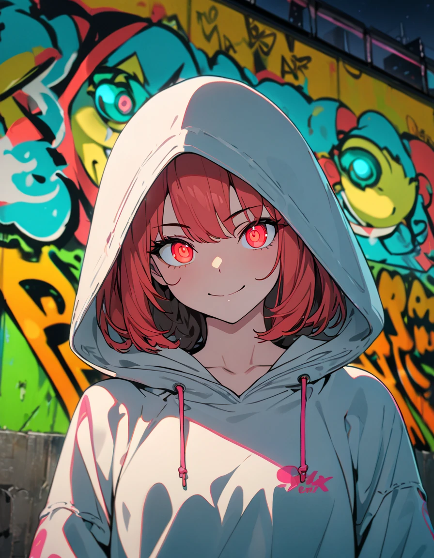 masterpiece,  best quality, 8k, detailed background, masterpiece,  best quality, smile,  small hips ,  hoodies , Portraiture, Neon Red, graffiti, dark, night, Shining Eyes,  black light, Flanders Scarlet
