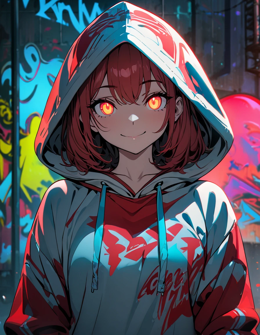 masterpiece,  best quality, 8k, detailed background, masterpiece,  best quality, smile,  small hips ,  hoodies , Portraiture, Neon Red, graffiti, dark, night, Shining Eyes,  black light, Flanders Scarlet