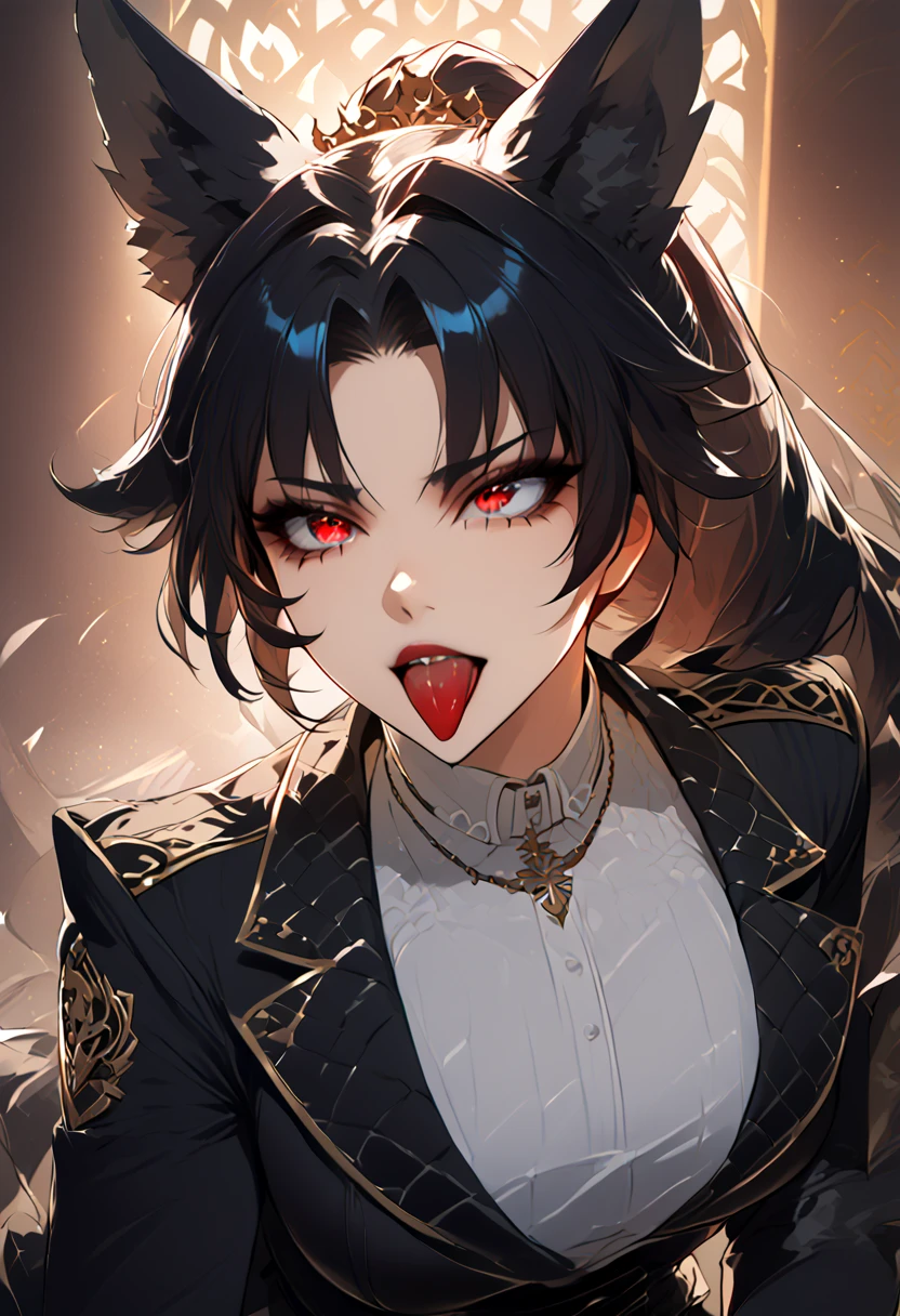 beautiful anime woman wearing a black military trench coat, tight black jeans pants, wolf ears, wolf tail, half wolf and half human, red eye color, black hair in a ponytail, light novel art, detailed anime art, anime, regal, royal, sexy, thicc, beautiful feminine facial features, flirtatious, sultry, slutty, petite, sharp canines, aheago, villain, all black clothing, high quality, very detailed anime art, feminine, slender face, military general vibes, pretty girl, good lighting, close up shot of face, sticking her tongue out expression, lewd