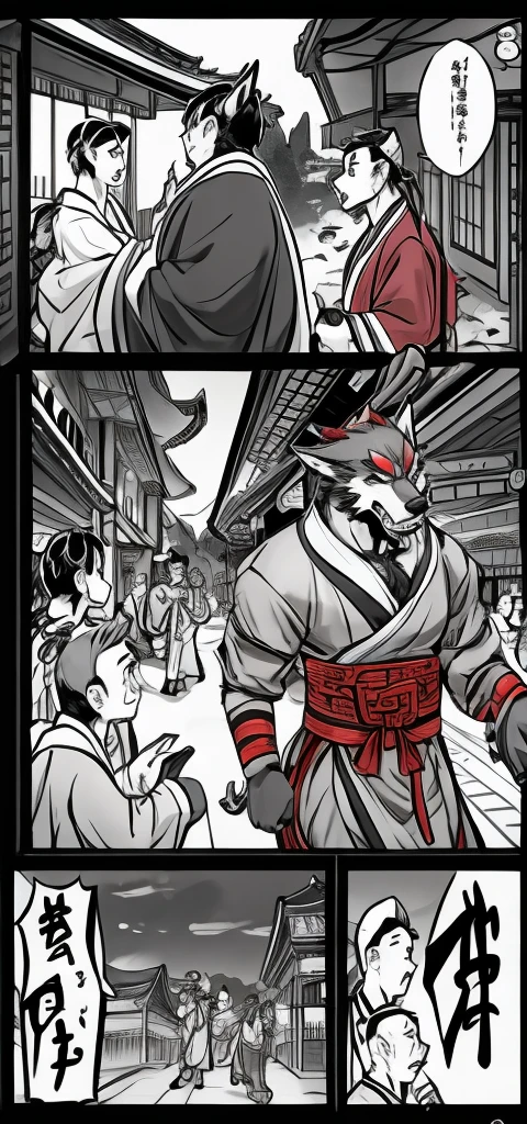 comics、Japanese Manga 、A comical werewolf in a Chinese costume 、  is on his way to the meat sale so it's really fast