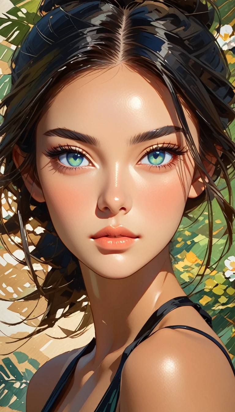 1 woman, impressionist style, brushstrokes,  narrow blue eyes ,  thin eyebrows ,  long lashes,  tanned skin , deep tan, Curtain strip,  long black hair, makeup,sombra verde da makeup,highlights,  slight upward inclination at the outer corners,  delicate facial features , voluminous hair,triangular face ,Pointy nose,  high cheekbones ,  full lips , smooth face, black swimsuit neckline , random background  