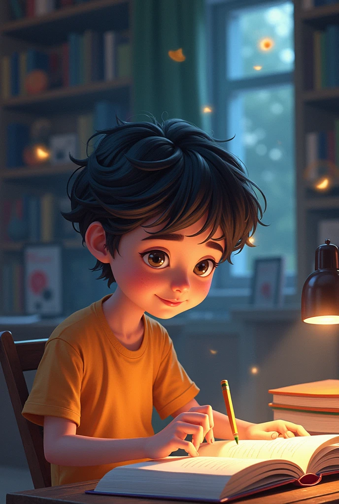 A 15 years aged Indian boy is holding one pen up and he's looking that pen only.