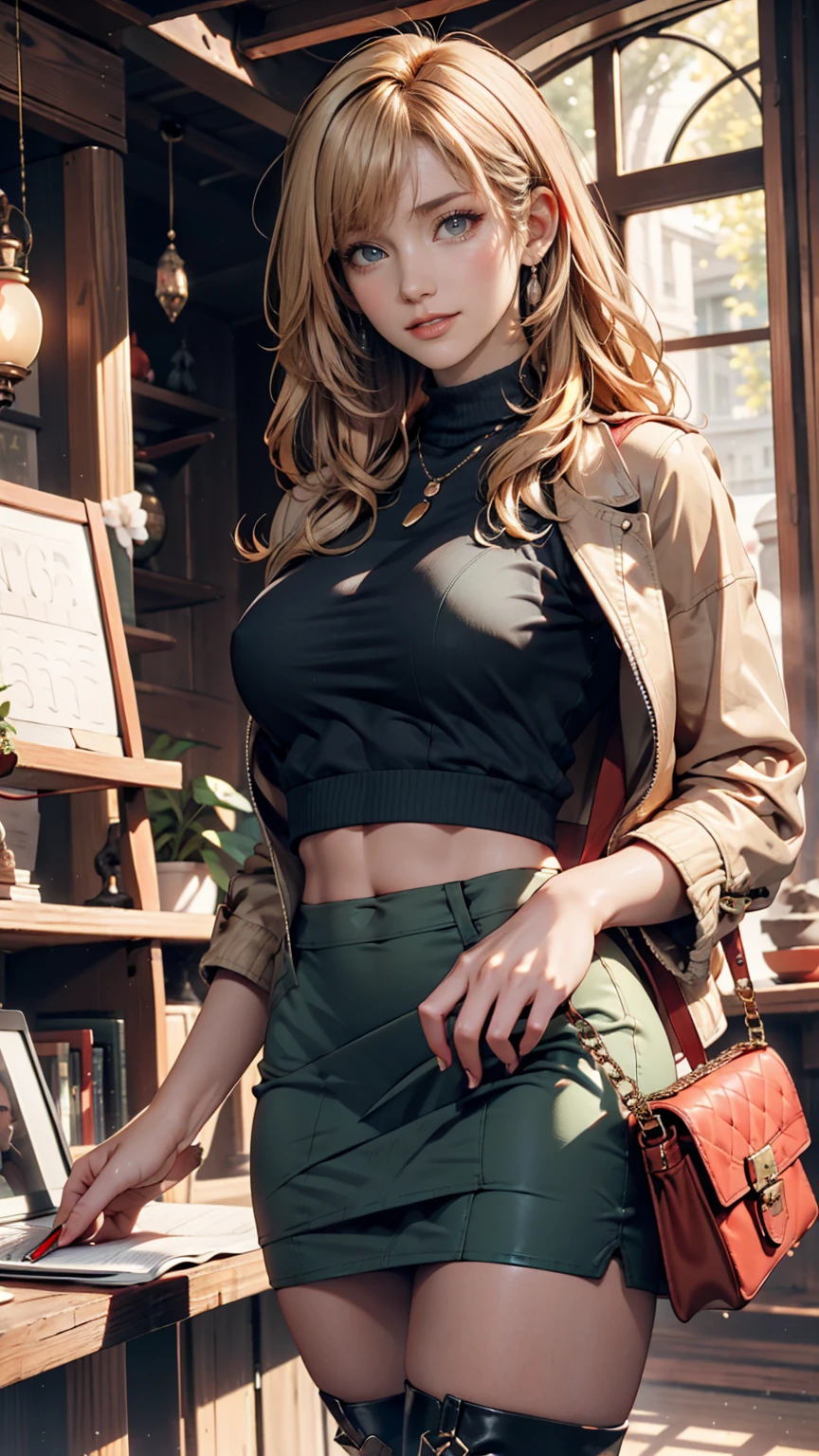 (masterpiece, Highest quality, High resolution), She grew four (oshi no ko), Sian Carcadigan, sweater, dark_green_shirt,mini skirt, Are standing, Open clothes, alone, Sexy proportions、Narrow waist、Erotic female body、Blonde、Silver accessories on the wrist、Realistic shaped breasts(Hanging down due to gravity)Nipple swelling emphasis、smile、