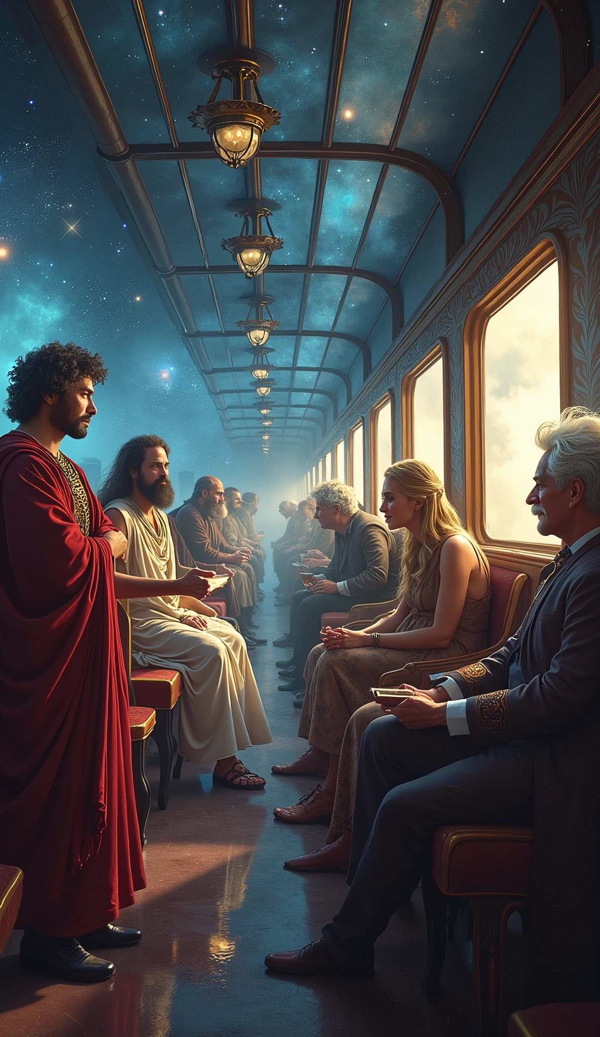 Digital painting, abstract, Time-Traveling Train, a passenger train carriage in which sit various historical figures such as Julius Caesar and Genghis Khan and Albert Einstein and Napoleon and Cleopatra, Napoleon tells a joke to Cleopatra, Albert Einstein talks to Caesar, Genghis Khan looks with admiration through the window at the cosmic landscape of rapidly racing stars and lightning, digital painting, retail, masterpiece, 8k, film grain