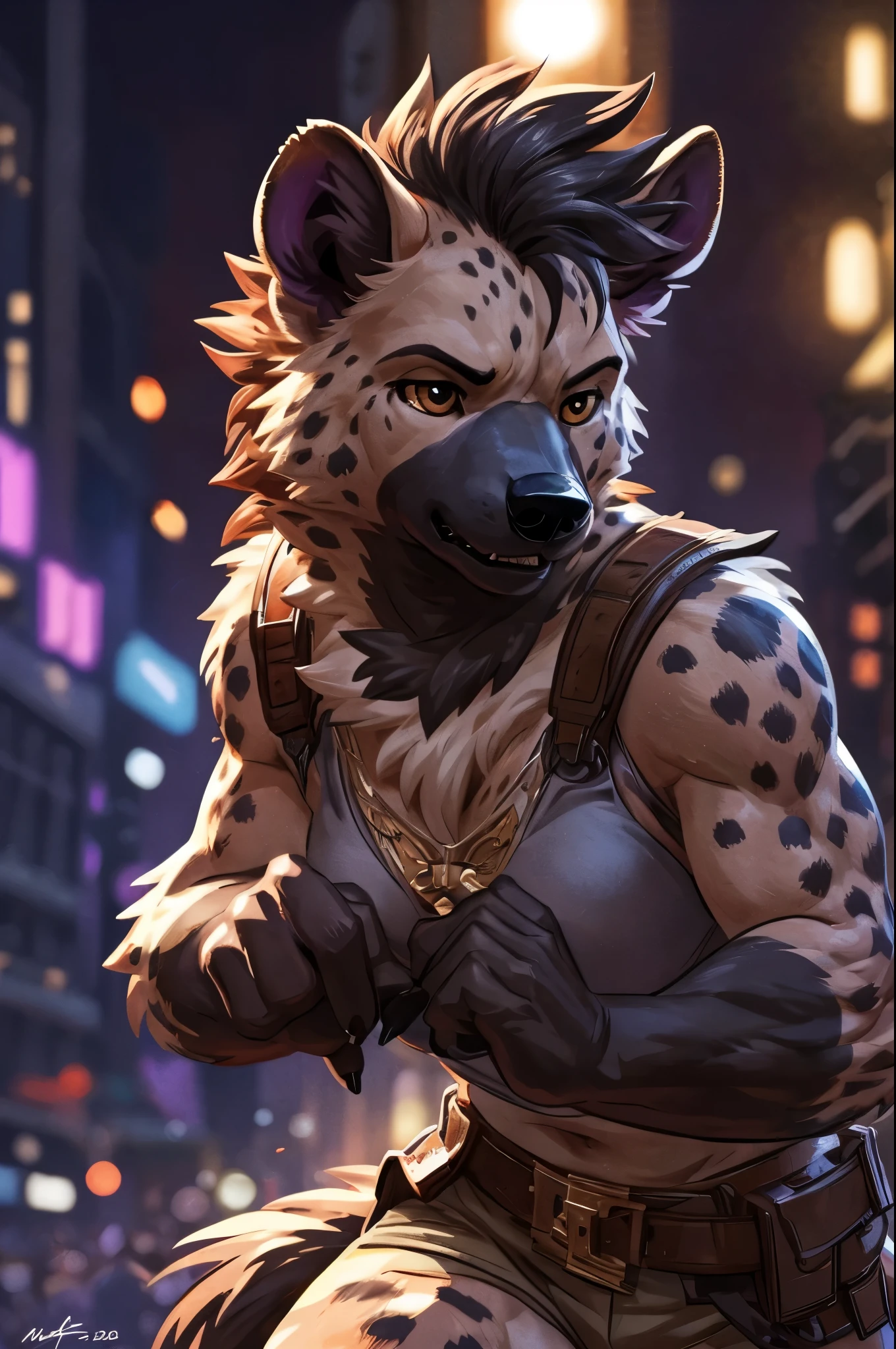 anthro ((female)) hyena, ((hyena)) 4k, high resolution, best quality, posted on e621, solo, anthro body, female, adult, correct anatomy, (blurry background, out-of-focus background:1.2), (by wfa:1), (by Taran Fiddler:0.5), young, (cel shaded, cartoony shading:1.2), black lineart, black outline, flat coloring, (strong shadows, dark shadows:1.2), dynamic pose, sad ambience, crying, night time,