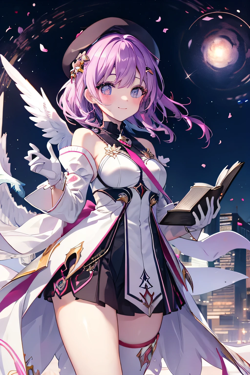 girl smiling, walking, Invoking with his book (Effects, Essence Cosmics), standing, city background, city background(Home), complete anatomy, graphic effects , aura, accessory with a flower on the head, Beret Blanco , primera persona, white gloves, Black Pencil , blush, aura, Brilliant Summoning Circle, sakura petals and leaves, primera persona, blush, looking at the viewer , Charm, Pausa de toque ciego looking at the viewer ,