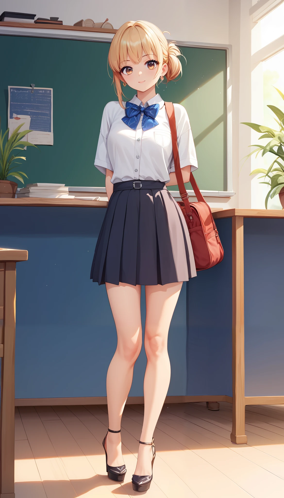 (Perfect Anatomy), Masterpiece, Ultra High Quality, 8k, masterpiece, Highest quality, Ultra-high resolution, Maximum resolution, Very detailed, Professional Lighting, anime, young female, 1 japanese 1 female, Narumiya Suzu, petite girl, thin teen, so beautiful, Highly detailed eye, Highly detailed face, Golden earrings, wheat color Hair, Straight bangs, full body, standing, show butt in lace panties, (wearing a (brown short dress with lace white apron)), ((brown dress)), (classroom indoors theme), (tan stockings), (high heels) (platform shoes), show her wet inner thighs, ((blow upskirt)),