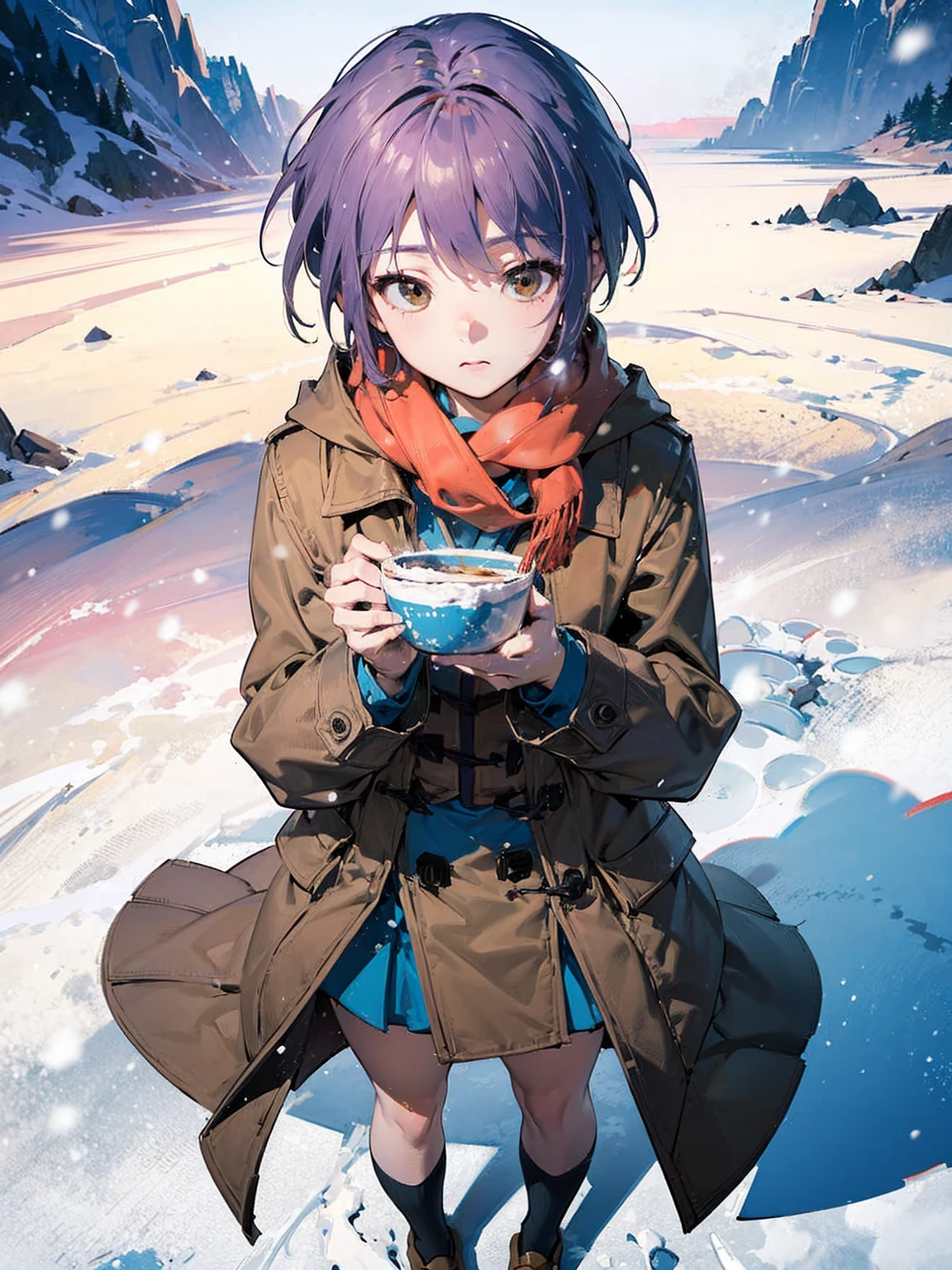 (masterpiece),( best quality), Yuki, Khaki Coat ,  scarf, kneehighs, Blank Eyes, Expressionless face, , snow, snowing, wind、windになびくコート、 from above、snow景色の街