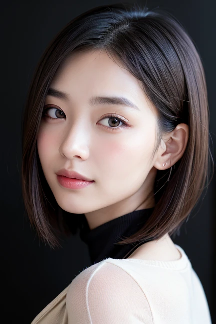 ((( face close-up)))、((( shoulder length brown straight short bob)))、((( She's posing like a model in a hair salon, Indoor black wall background.)))、(((Casual black winter long sleeves covering the shoulders)))、Half Japanese, Half Korean、 an 18 year old girl、**** kitsune， alone standing 、  I'm looking forward to it 、light eye makeup、  brown hair color、Flat 、  wind blows hair  、Quality of actress、 shiny,  Ultra Realistic Faces、smile、Bloodshot eyes、 look up 、 Subtle Lighting Effects 、 Ultra-realistic capture、 very detailed、 high resolution 16K high resolution human skin close-up。 The texture of the skin is 、 while the illumination shines  、Details must be detailed enough to be clearly visible 、The skin is healthy、Even Tone、Uses natural light and colors、Worn out,  high quality photos taken by a model agency &#39;In-house photographer.、smile、((( SIGMA 300 mm F /1.4,1/ 1000 second shutter ,ISO 400))) 