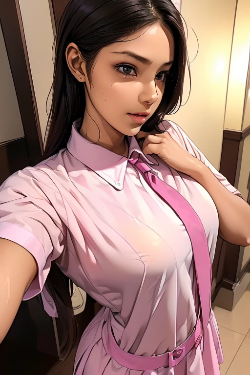 (( best quality)), ((傑 best quality、masterpiece、High sensitivity、 high definition 、 Details、 Delicate Facial Description)), Slender woman、round-collared shirt、 micro miniskirt、 pink lipstick on right hand、