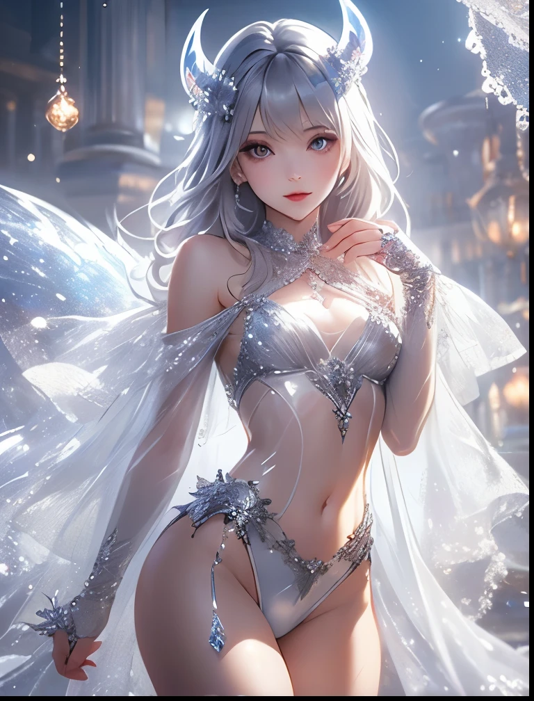 (((SFW、Precision、Highest quality、A first-class masterpiece、Normal body、8k、 Detailed Face 、Ultra-precision、 Normal hand、5refer to、Highest)))、Neat, pretty, ish, and cute silver-haired girl wearing a transparent, super high-leg costume with a belly piercing like a devil