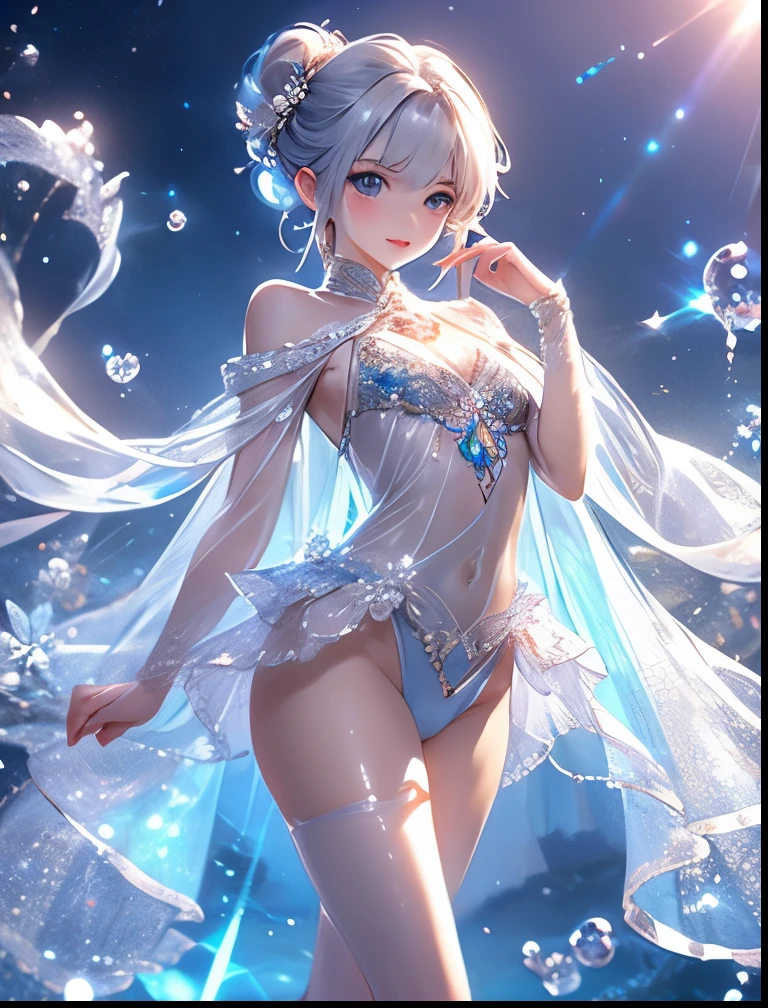 (((SFW、Precision、Highest quality、A first-class masterpiece、Normal body、8k、 Detailed Face 、Ultra-precision、 Normal hand、5refer to、Highest)))、Neat, pretty, ish, and cute silver-haired girl wearing a transparent, transparent, super high-leg costume like a genie