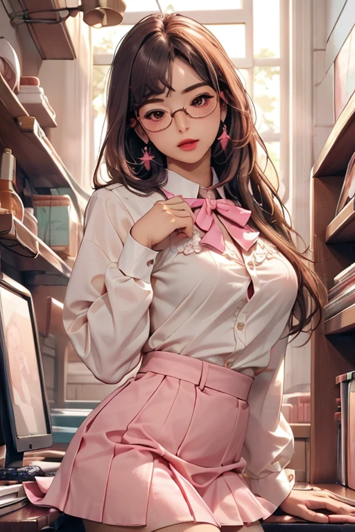 (( best quality)), ((傑 best quality、masterpiece、High sensitivity、 high definition 、 Details、 Delicate Facial Description)), Slender woman、Glasses、round-collared shirt、 micro miniskirt、 pink lipstick on right hand、