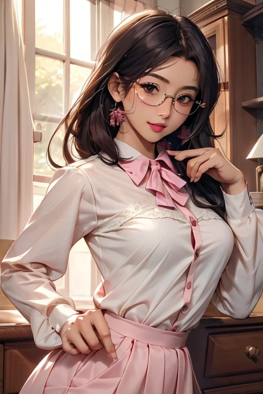 (( best quality)), ((傑 best quality、masterpiece、High sensitivity、 high definition 、 Details、 Delicate Facial Description)), Slender woman、Glasses、round-collared shirt、 micro miniskirt、 pink lipstick on right hand、