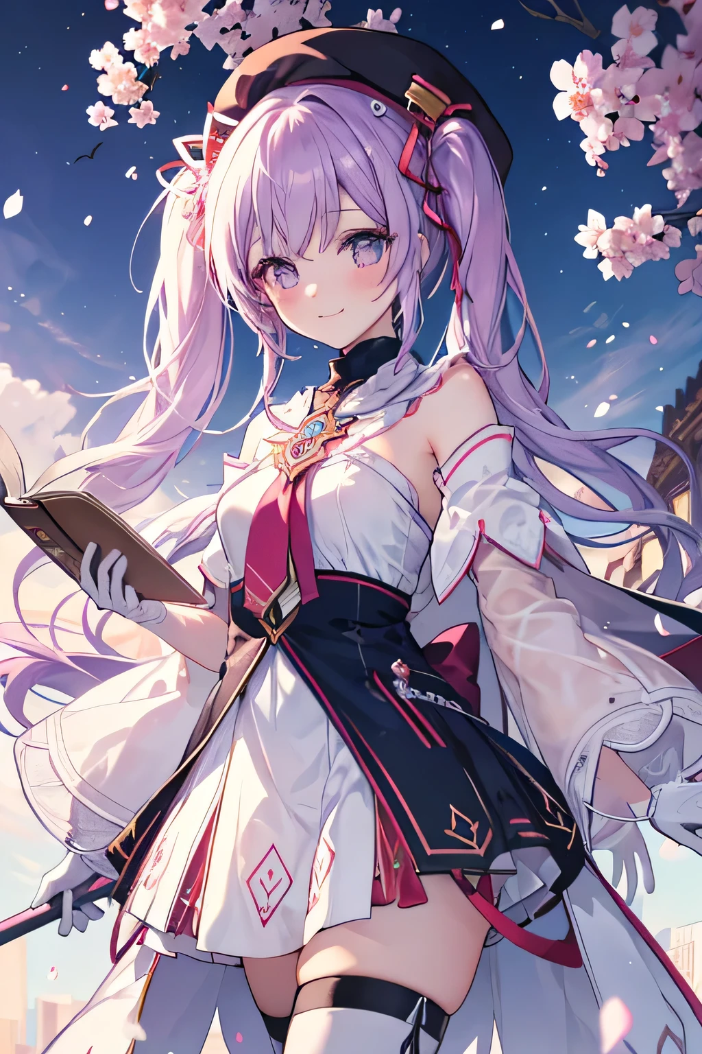 girl smiling, walking, Invoking with his book (Effects, Essence Cosmics), standing, city background, city background(Home), complete anatomy, graphic effects , aura, accessory with a flower on the head, Miku Priestess cosplay, Beret Blanco , primera persona, white gloves, Black Pencil , blush, aura, Brilliant Summoning Circle, sakura petals and leaves, primera persona, strong breeze , blush, looking at the viewer , Charm, Pausa de toque ciego looking at the viewer ,