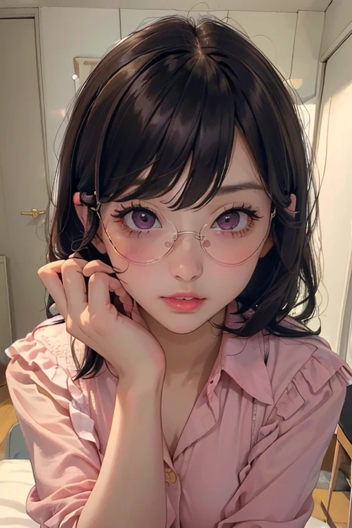 (( best quality)), ((傑 best quality、masterpiece、High sensitivity、 high definition 、 Details、 Delicate Facial Description)), Slender woman、Glasses、round-collared shirt、 micro miniskirt、 pink lipstick on right hand、