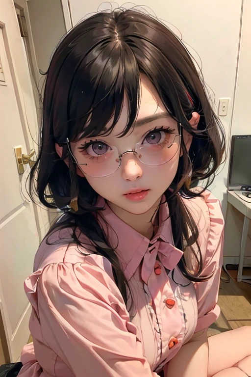 (( best quality)), ((傑 best quality、masterpiece、High sensitivity、 high definition 、 Details、 Delicate Facial Description)), Slender woman、Glasses、round-collared shirt、 micro miniskirt、 pink lipstick on right hand、