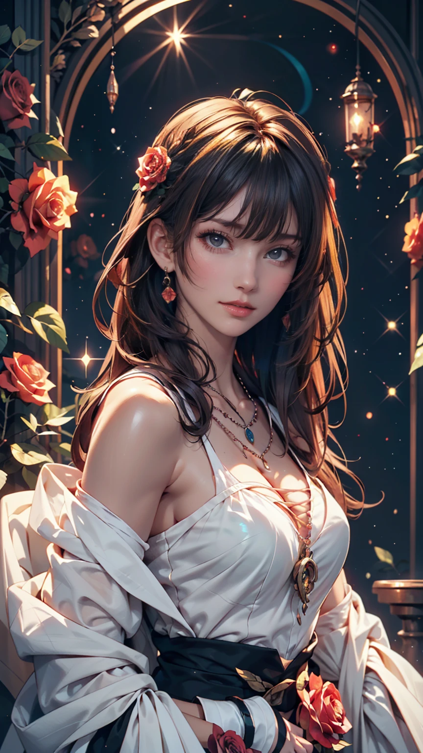 Close-up of a woman with colorful hair and necklace, Anime girl with space-like hair, The gentle vitality of rose roses, Gubes-style artwork, Fantasy art style, colorful], Vivid fantasy style, Ross draws vibrant cartoons, cosmic and colorful, Gwaiz, colorful digital fantasy art, Great art style, Beautiful anime style, Full body lighting, Skin Brightness, Sexy look