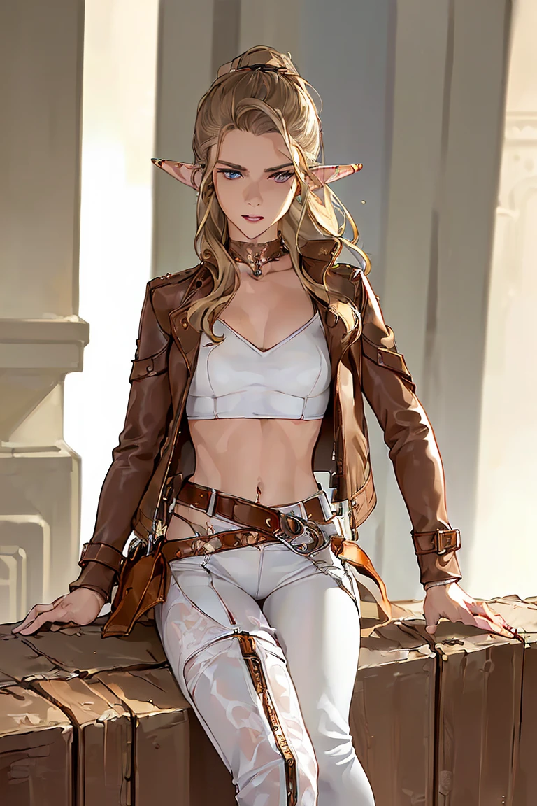 (((Best quality, 8k, Masterpiece: 1.3)), ((best quality)), ((masterpiece)), (detailed), perfect face, perfect body, (detailed skin:1.3), (intricate details), Elf, pointy ears, brown hair, slicked back, ((Leather jacket)), white tank top, leather pants, wide belt, buckle, Choker, Sidelong glance, near-future city, Fashion model