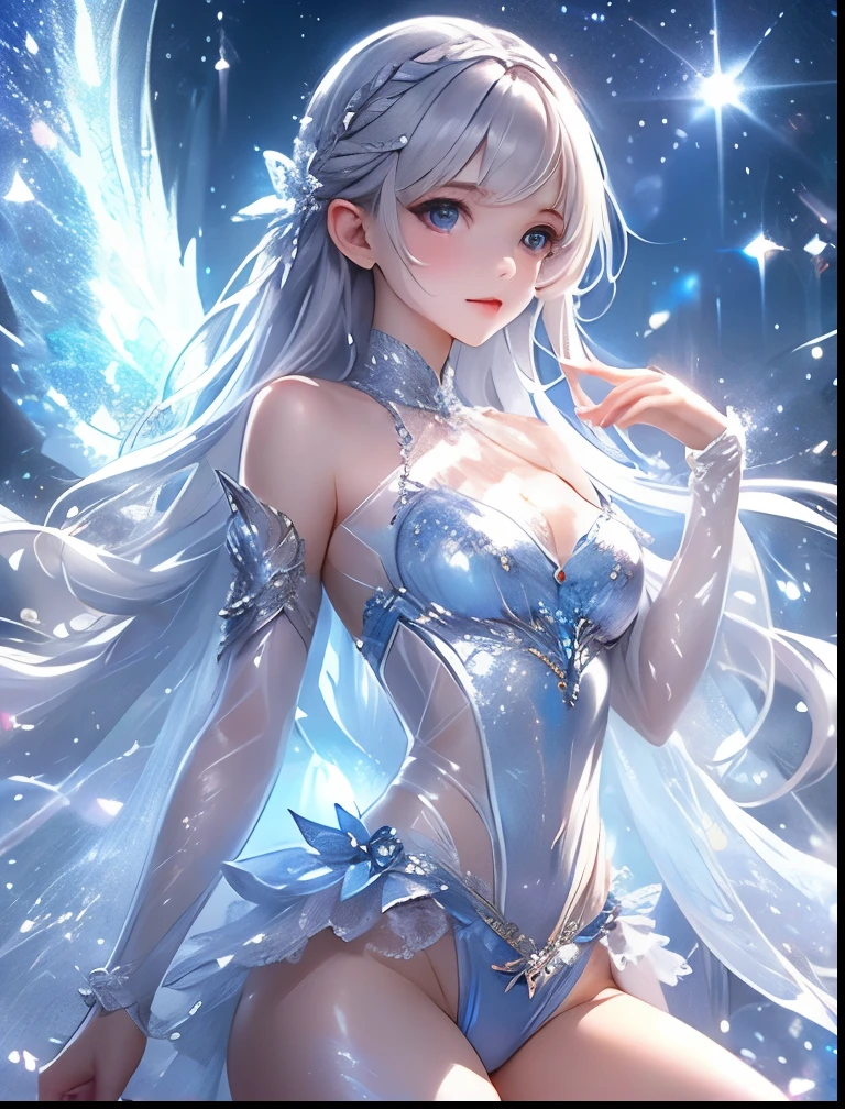 (((SFW、Precision、Highest quality、A first-class masterpiece、Normal body、8k、 Detailed Face 、Ultra-precision、 Normal hand、5refer to、Highest)))、Neat, pretty, ish, cute, silver-haired girl wearing a magical, transparent, and super high-leg costume
