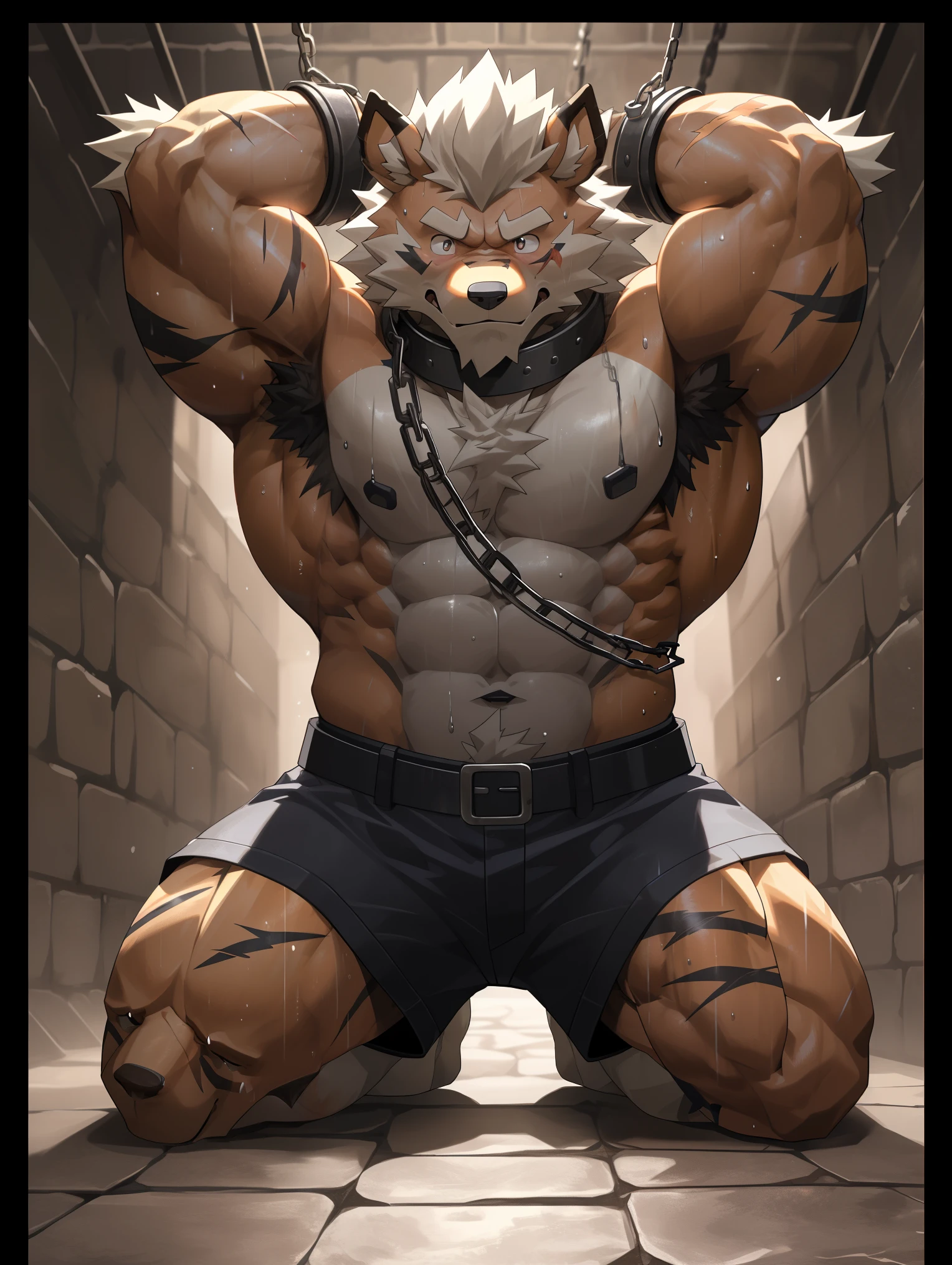 (highest quality:1.1), solo, Hrothgar, chain, against wall, prison, Has a bushy beard, hrothgar, Characteristics of cats, Detailed facial details, Brown fur, Off-white hair and beard, artist:Takemoto Arashi, In prison, Tied, Kneeling on the ground, upset, clenched teeth, full-face blush, 5 chains wrapped around the body, (nude), There are many bleeding scars on the body, Side of the character, There are many torture instruments in the room, whip, artist:Zixiong, rape face, angry, Expose between legs, penis, nipple, (No pants), Hands chained above head, ray tracing, (masterpiece:1.1), high quality, award winning