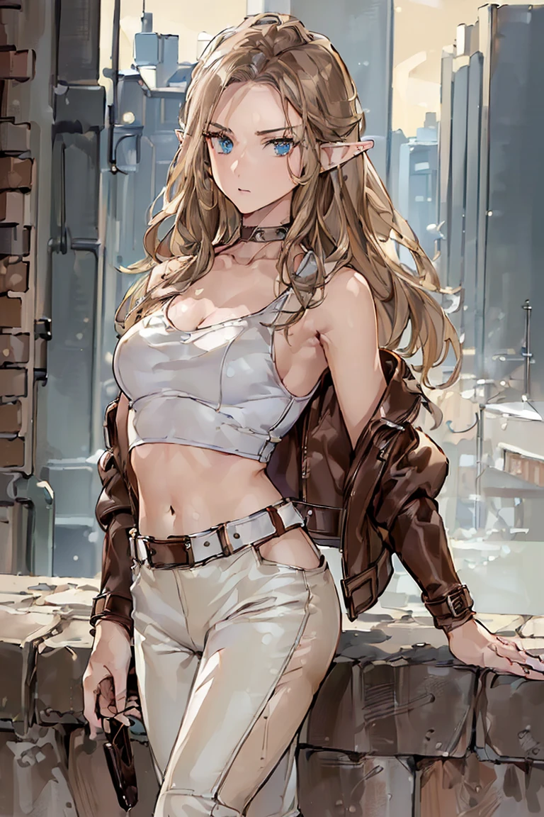 (((Best quality, 8k, Masterpiece: 1.3)), ((best quality)), ((masterpiece)), (detailed), perfect face, perfect body, (detailed skin:1.3), (intricate details), Elf, pointy ears, brown hair, slicked back, ((Leather jacket)), white tank top, leather pants, wide belt, buckle, Choker, Sidelong glance, near-future city, Fashion model