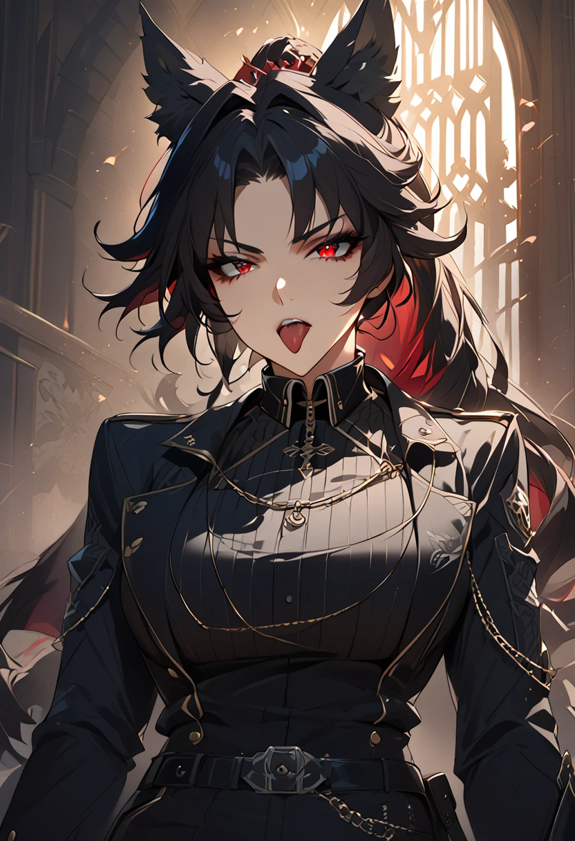 beautiful anime woman wearing a black military trench coat, tight black jeans pants, wolf ears, wolf tail, half wolf and half human, red eye color, black hair in a ponytail, light novel art, detailed anime art, anime, regal, royal, sexy, thicc, beautiful feminine facial features, flirtatious, sultry, slutty, petite, sharp canines, aheago, villain, all black clothing, high quality, very detailed anime art, feminine, slender face, military general vibes, pretty girl, good lighting, close up shot of face, sticking her tongue out expression, lewd