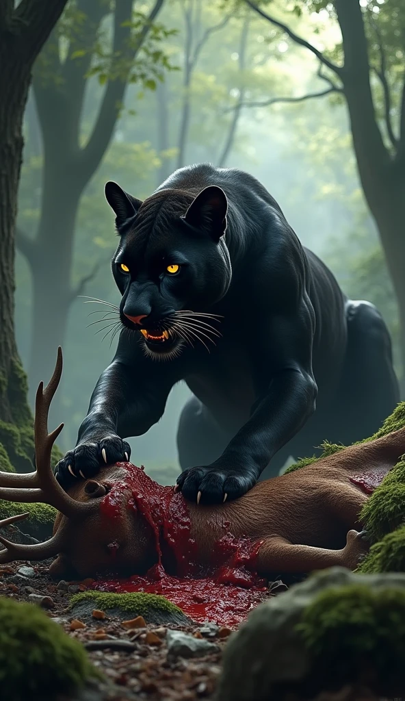 A black panther with blue eyed and holding in mouth deer head and mouth full of blood, car is passing from jungle a location is beautiful jungle with some of wild animals , car number is SMP
