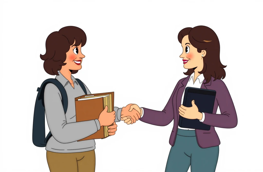 A vibrant scene capturing two professional women shaking hands in a minimalist office environment. Both are dressed in smart casual clothes; one is holding a stack of files, the other a digital tablet. The warmth and trust in their expressions symbolise collaboration and partnership. The background is plain white, emphasising their interaction.