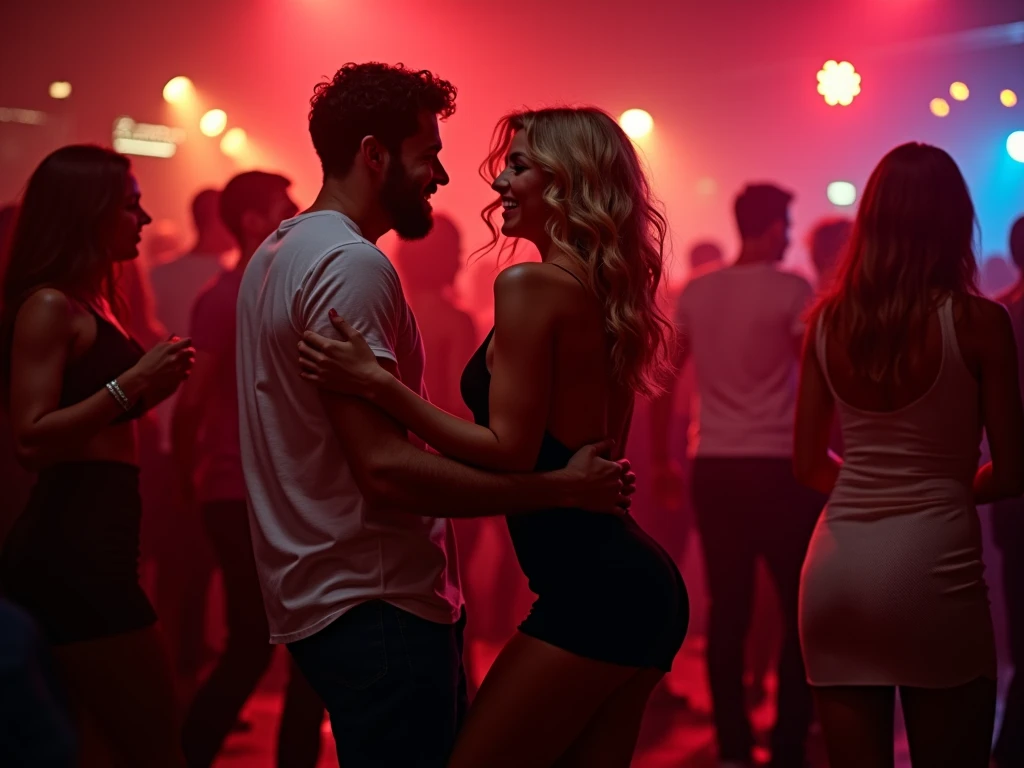 Blond Monica Sweet and her mature girlfriend and short haircutted Cameron Cruise dancing togther on the floor of the Kit Cat Club in Sin City Berlin among a thousend visitors