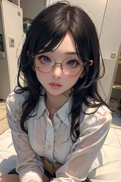 (( best quality)), ((傑 best quality、masterpiece、High sensitivity、 high definition 、 Details、 Delicate Facial Description)), Slender woman、Glasses、round-collared shirt、 micro miniskirt、Lying on the floor、