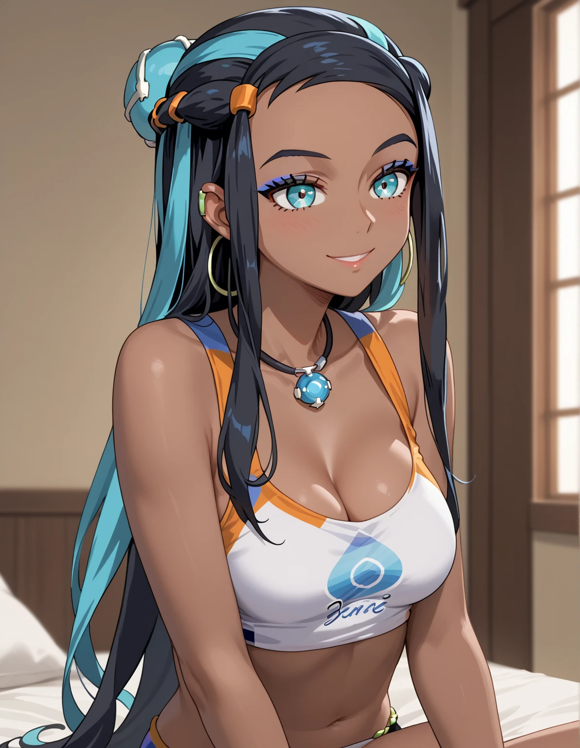  b best quality, anime screencap, 1girl, solo, medium breasts, score_9, score_8_up, score_7_up, source_anime, best quality, solo, clear face, nessa, braided ponytail, long hair,  couple, sitting together, cuddle, ,petite,cleavage, deep cleavage,smile,indoor, 1girl, 1boy, male with black hair, love